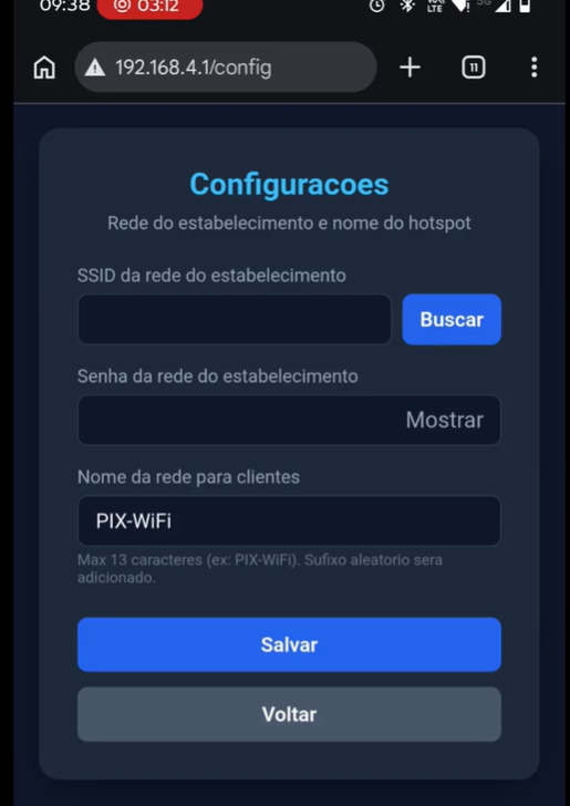 Tela de configurações