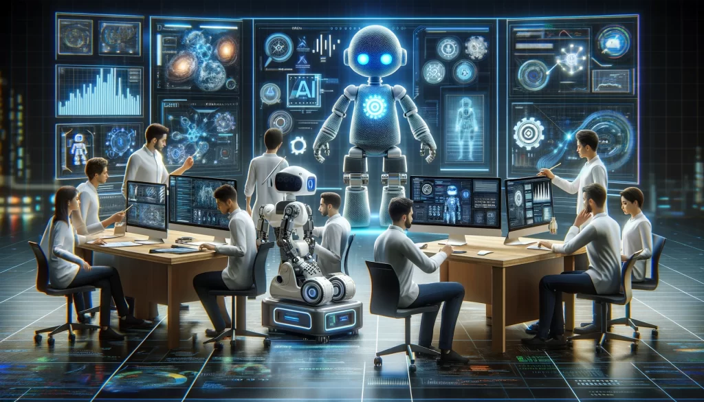 Mesa com pessoas pesquisando robótica